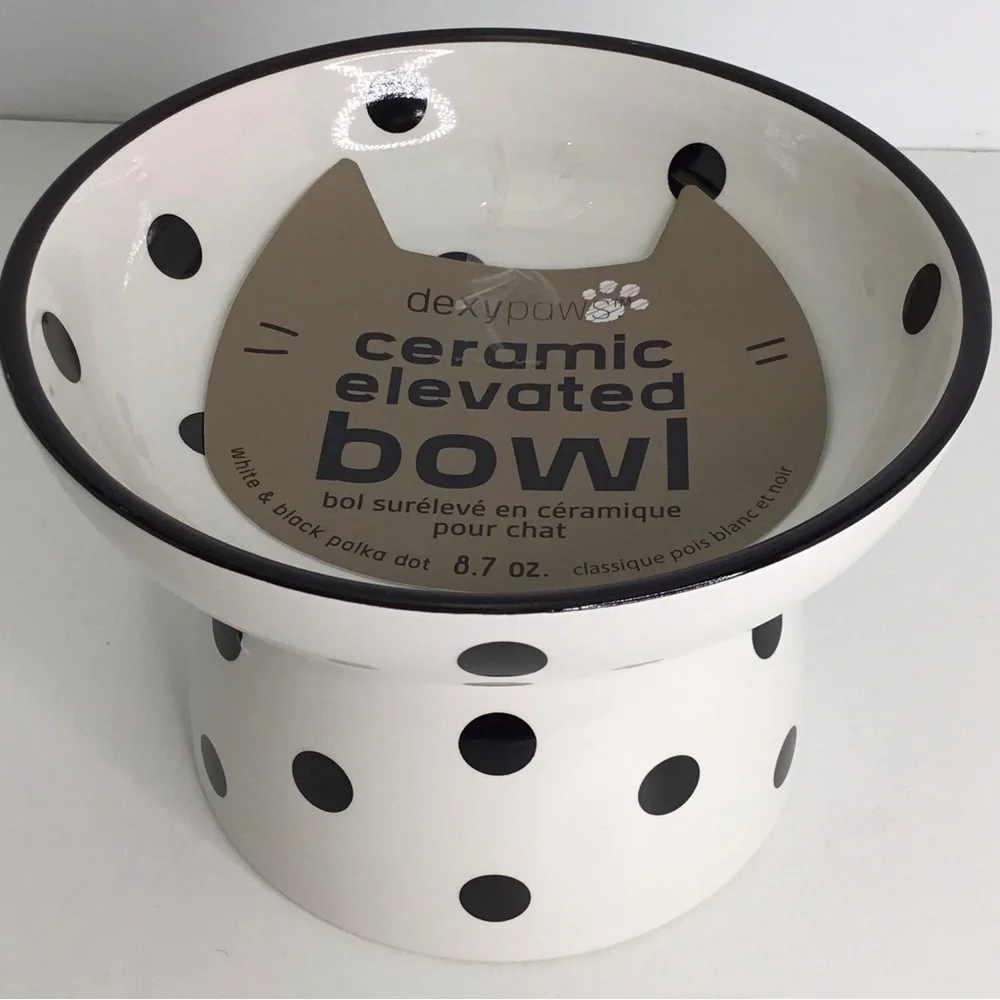 Elevated Cat Dish White & Black Ceramic Cat Bowl Raised With Dots New